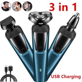 USB Rechargeable 3-In-1 Men's Professional Multi-function Cheek Beard Trimmer Men Nose Hair Cutting Barber Shaver Machine Blue (Logistics only Fo
