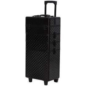 4 in 1 Makeup Train Case Portable Aluminum Rolling Cosmetic Organizer Trolley with Wheels Multiple Compartments Black